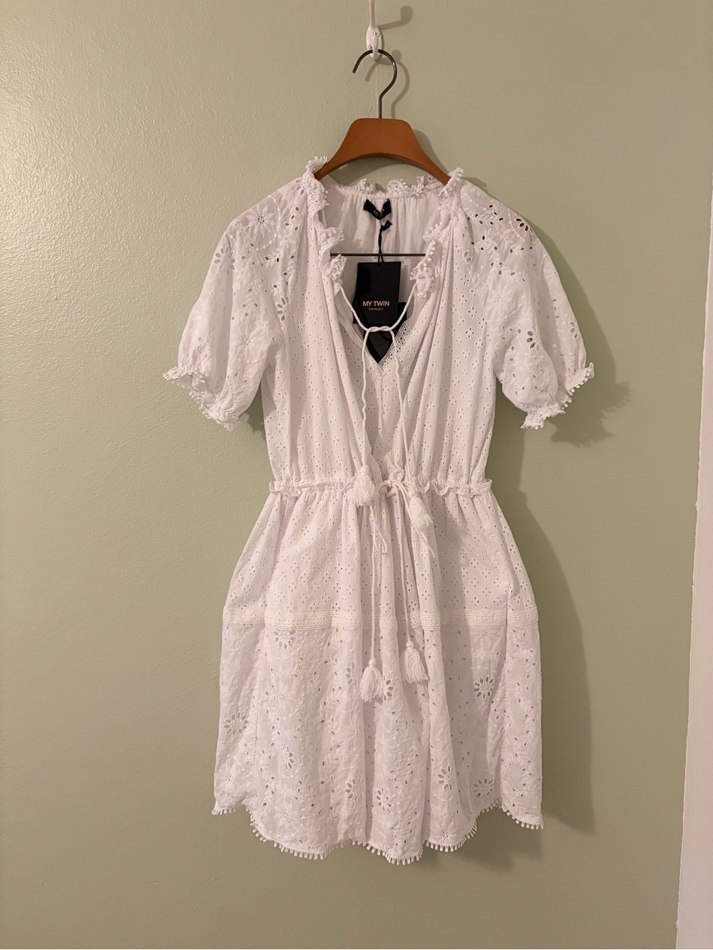 NWT Twin-Set White Broderie Anglaise Mini Dress with Tie Waist